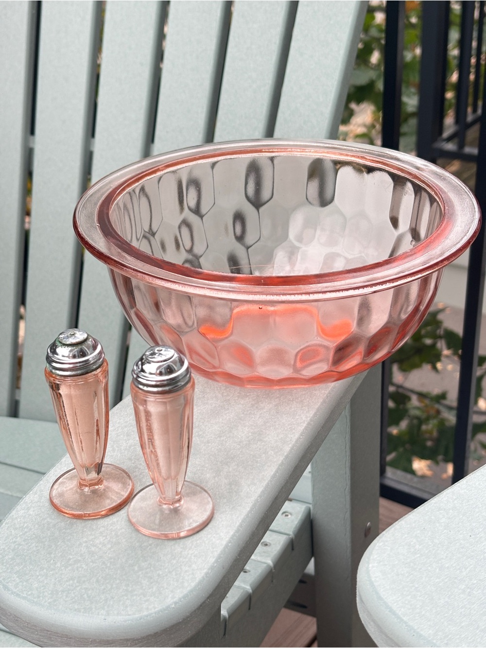 Set of Vintage pink Depression glass salt and pepper shakers and bowl
